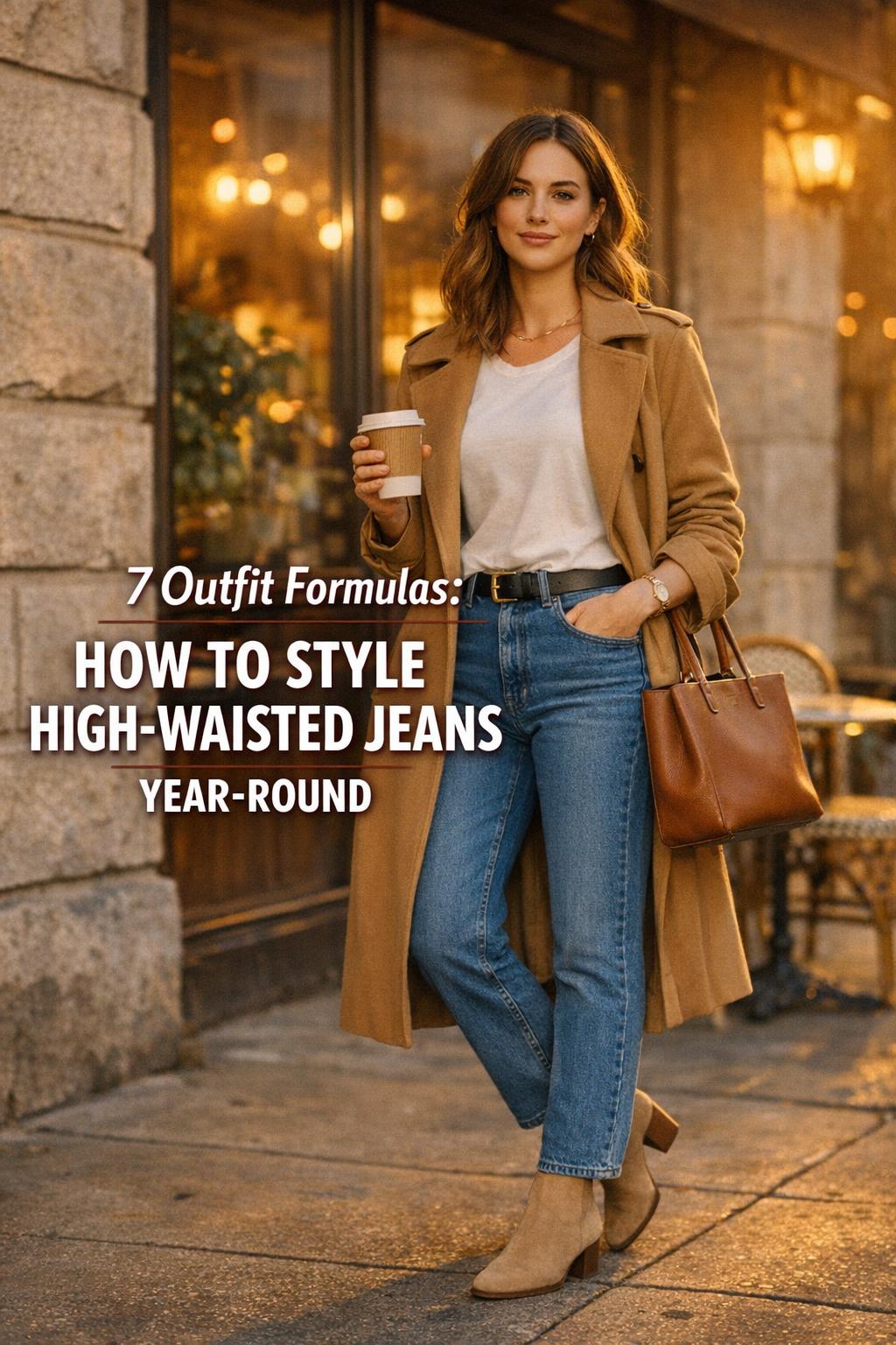 Warm golden-hour street style photo showing how to style high waisted jeans with a trench coat outside a cozy café.