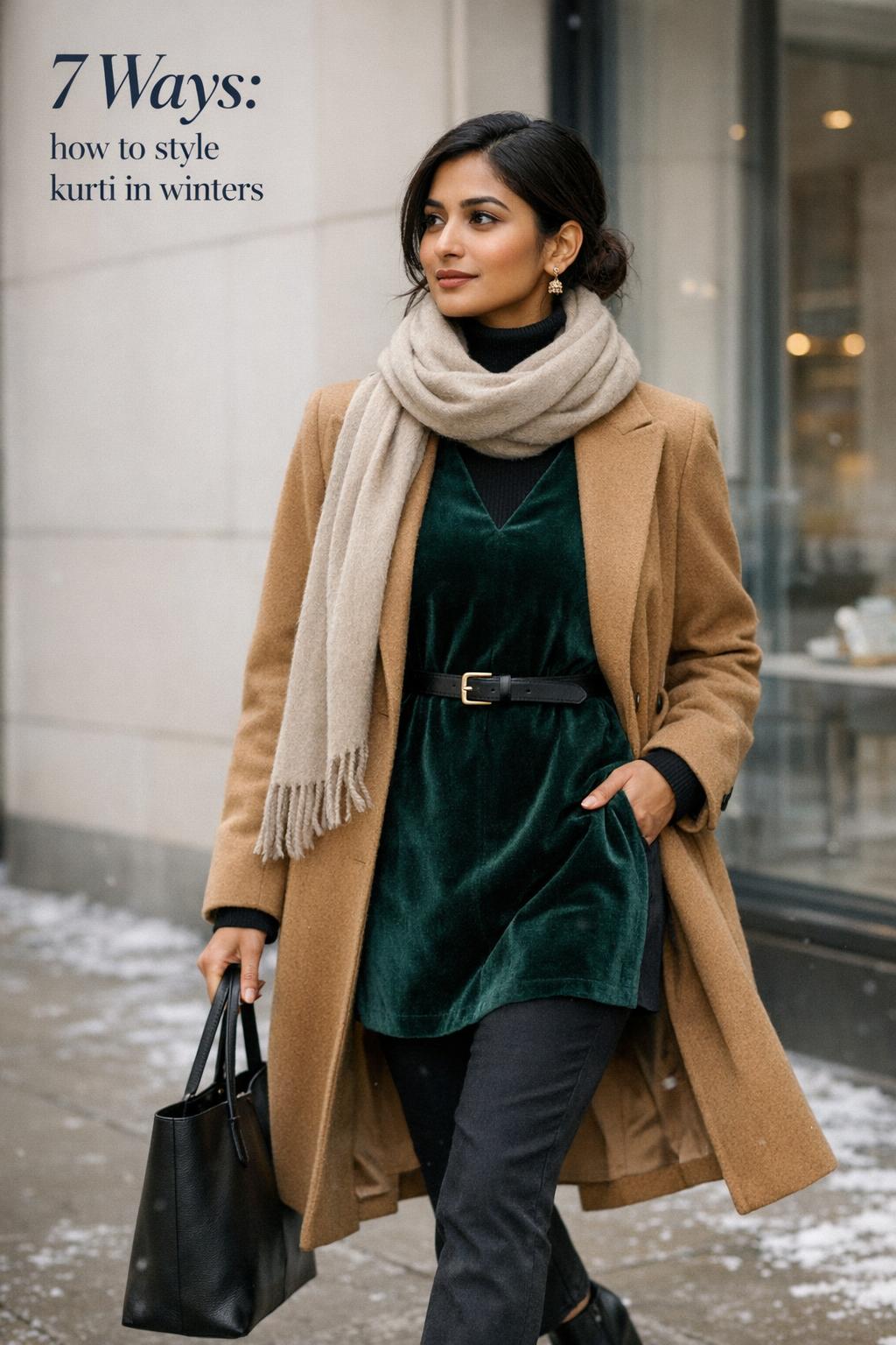 How to style kurti in winters: South Asian woman in camel coat over emerald kurti with scarf, city winter street editorial