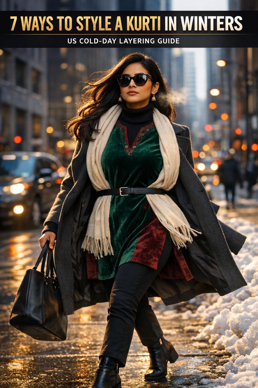 How to style kurti in winters with a woolen shawl, long coat, leggings, and ankle boots on a street
