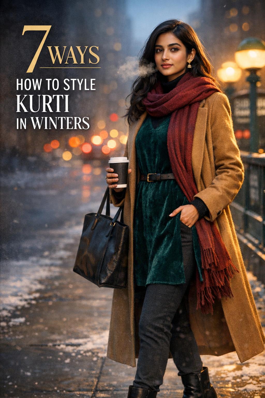 how to style kurti in winters cover featuring a South Asian woman in emerald kurti, camel coat and burgundy scarf on a snowy city street