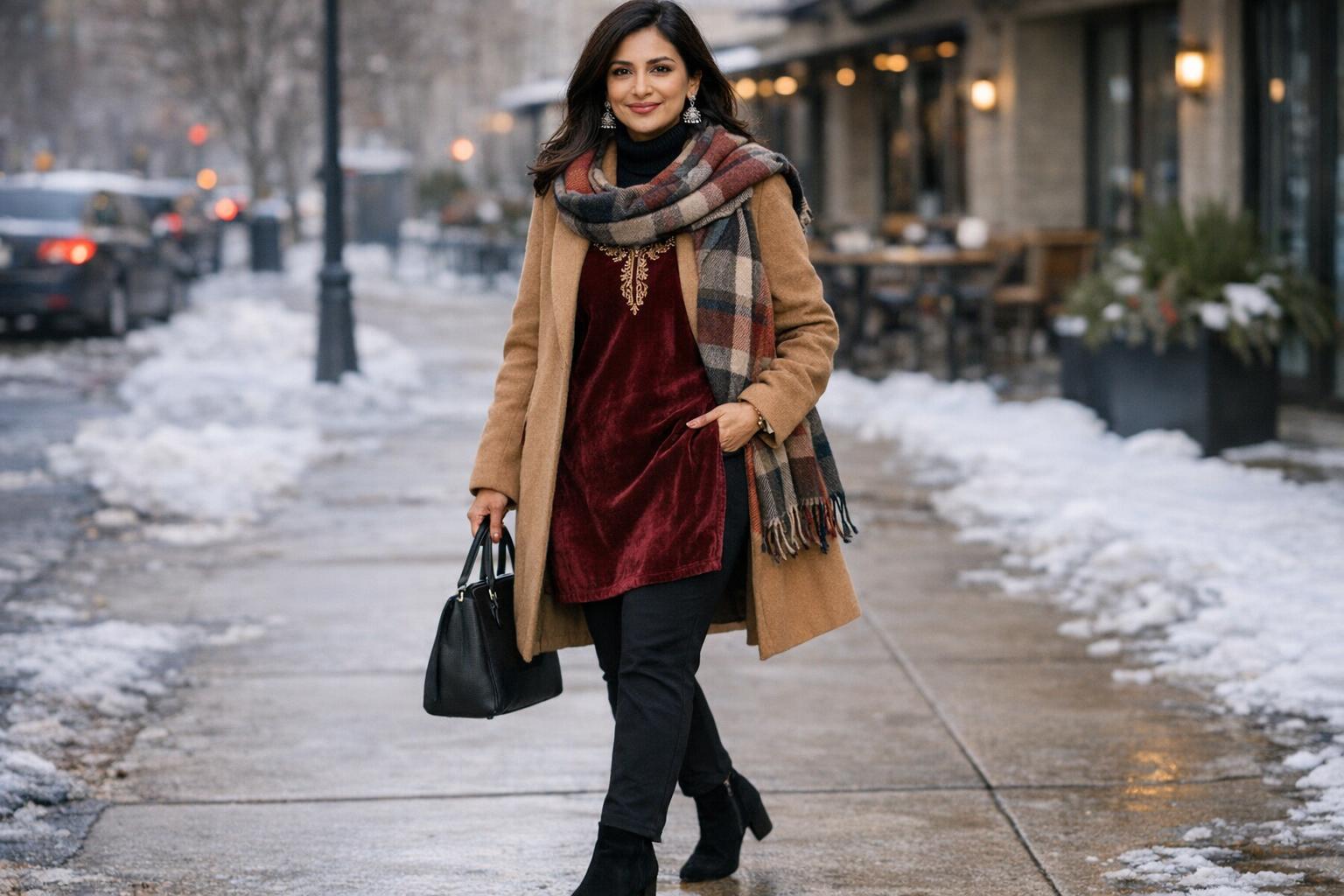 How to style kurti in winters with a turtleneck, wool coat, warm leggings, and ankle boots for US cold days