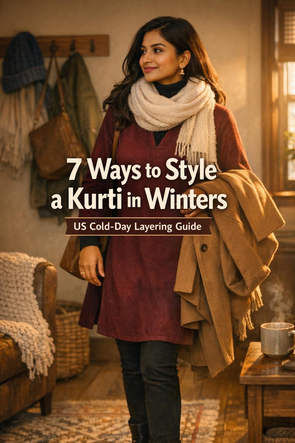 How to style kurti in winters with South Asian woman layering kurti, scarf, and camel coat in a cozy warm entryway