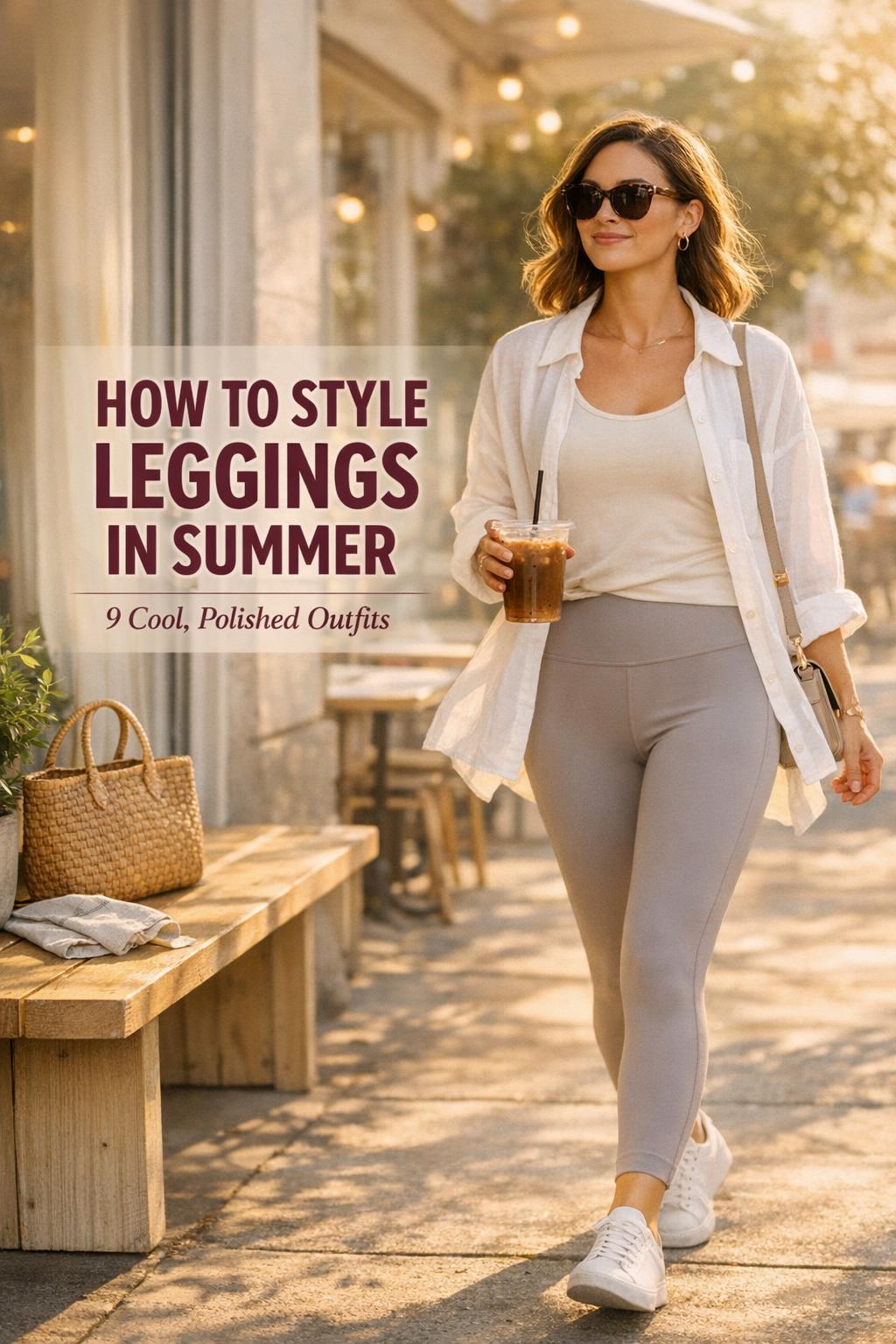 How to style leggings summer outfit: woman walking past a sunny cafe in taupe leggings, linen shirt, and sneakers