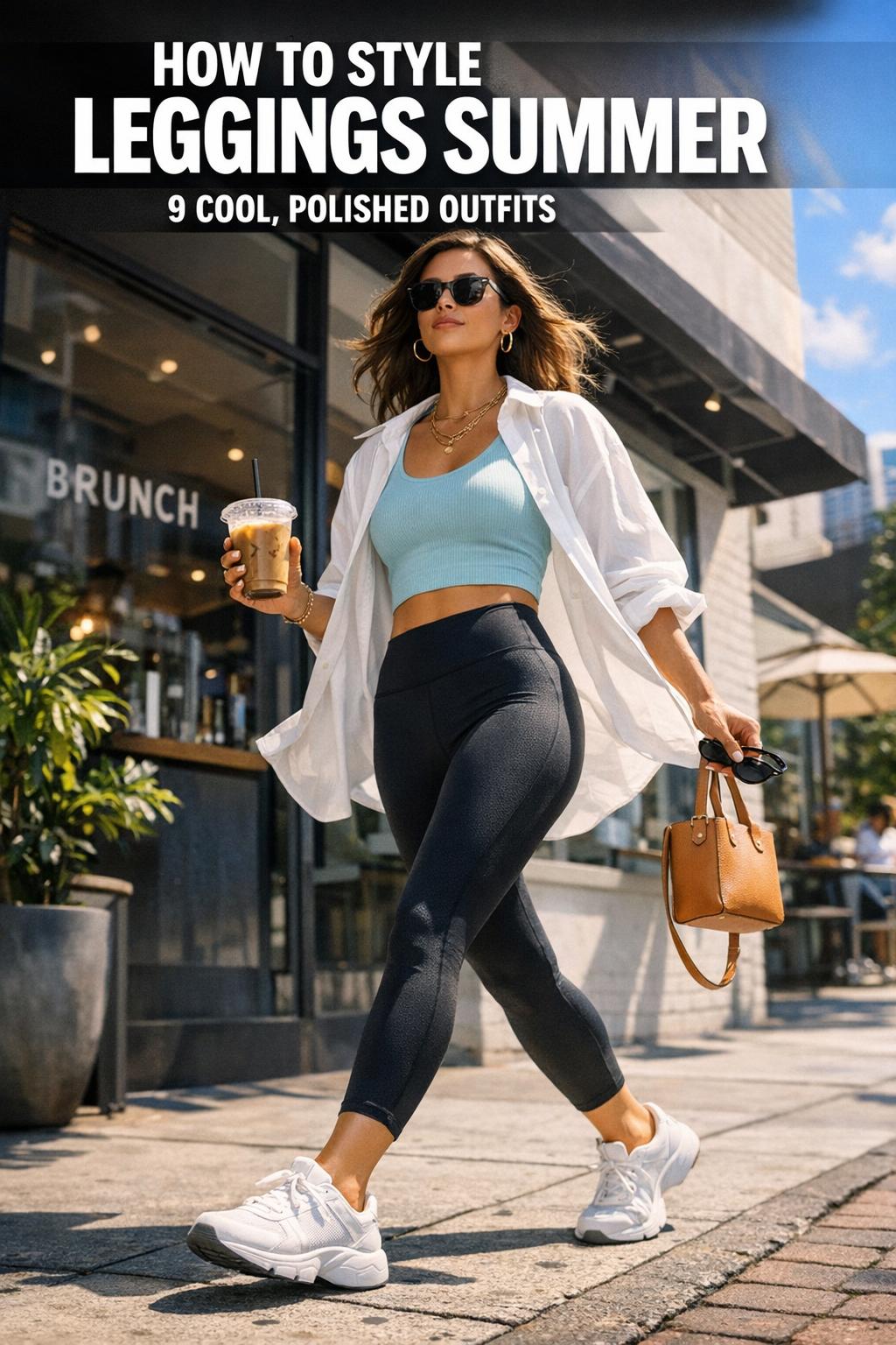 Woman styling leggings for summer with lightweight top and sandals