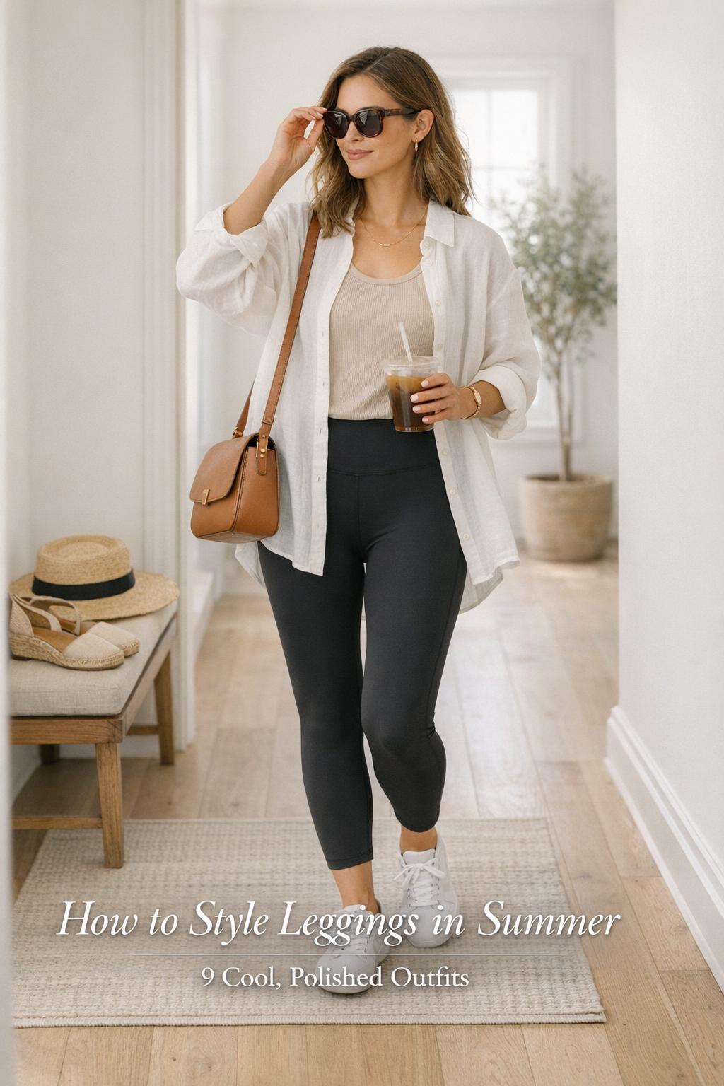 How to style leggings summer outfit in a bright entryway with linen shirt, black leggings, tan bag and sunglasses
