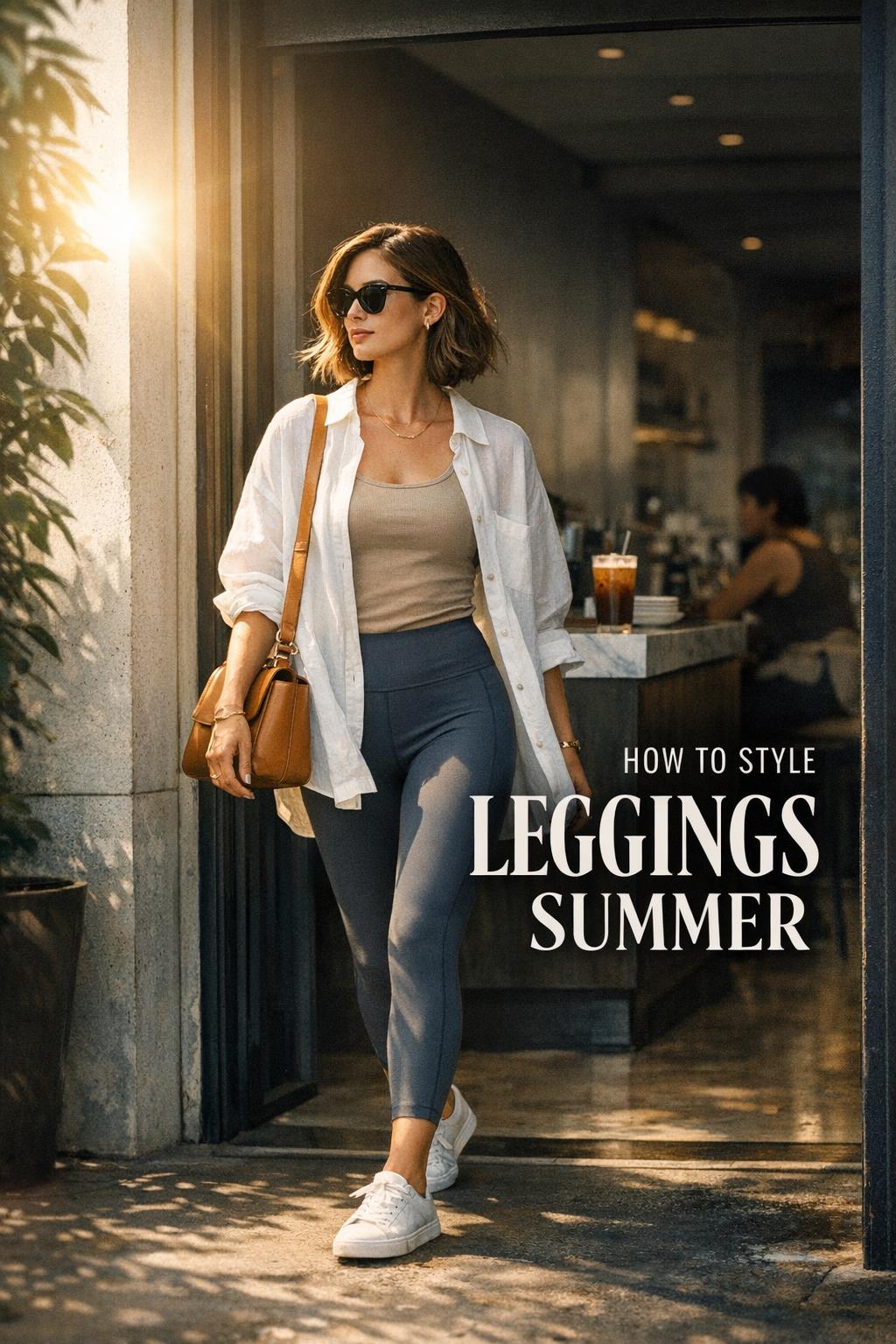How to style leggings summer: woman in charcoal leggings and linen shirt walking into minimalist cafe with bold text overlay