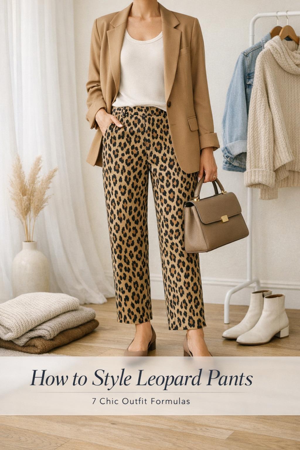 How to style leopard pants outfit flat lay with camel blazer, cream tank, taupe bag and neutral boots in bright studio light
