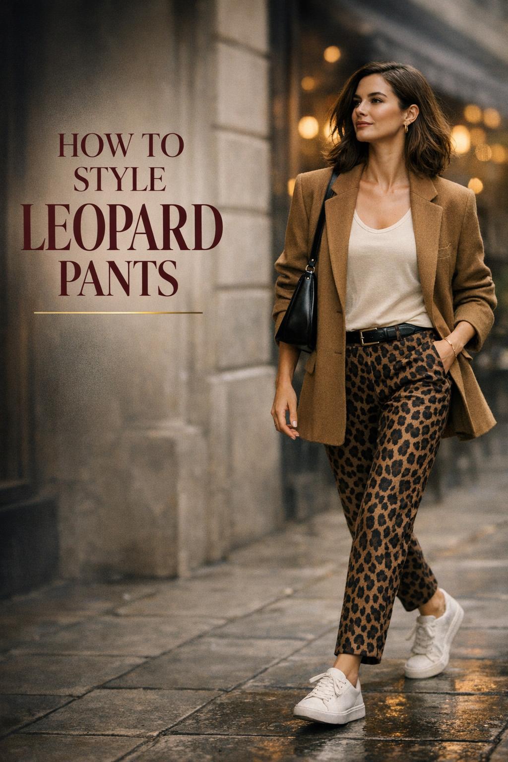 How to style leopard pants Pinterest cover with chic woman in camel blazer walking in an upscale city street