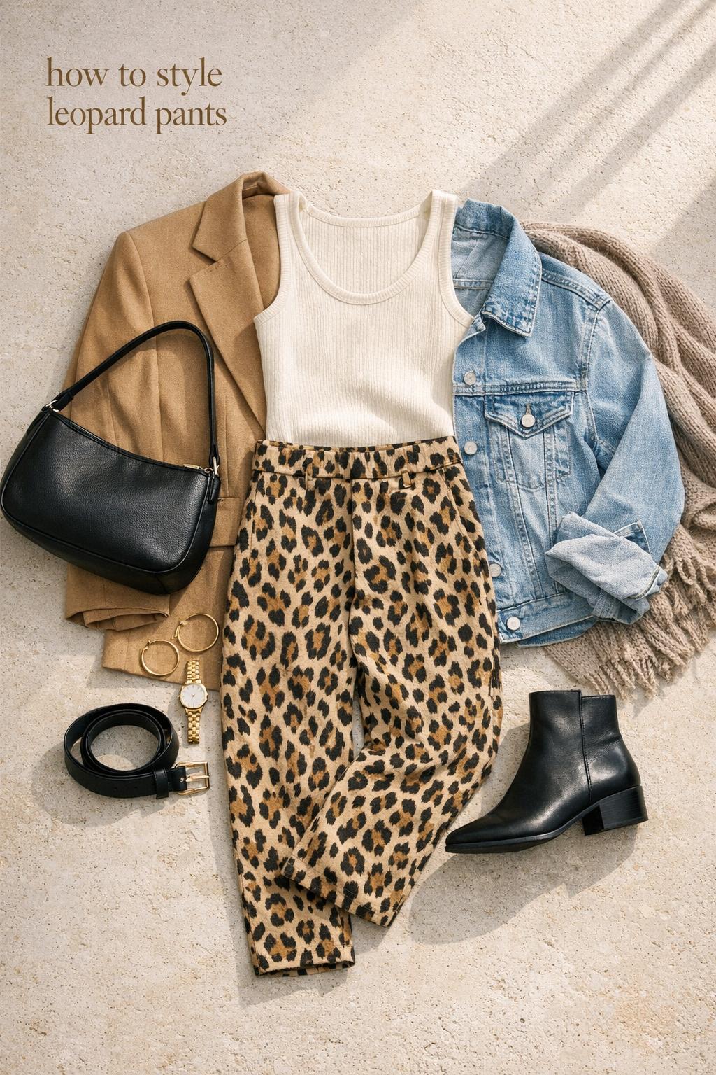 How to style leopard pants flat lay with camel blazer, cream top, denim jacket, black bag and gold accessories in soft daylight