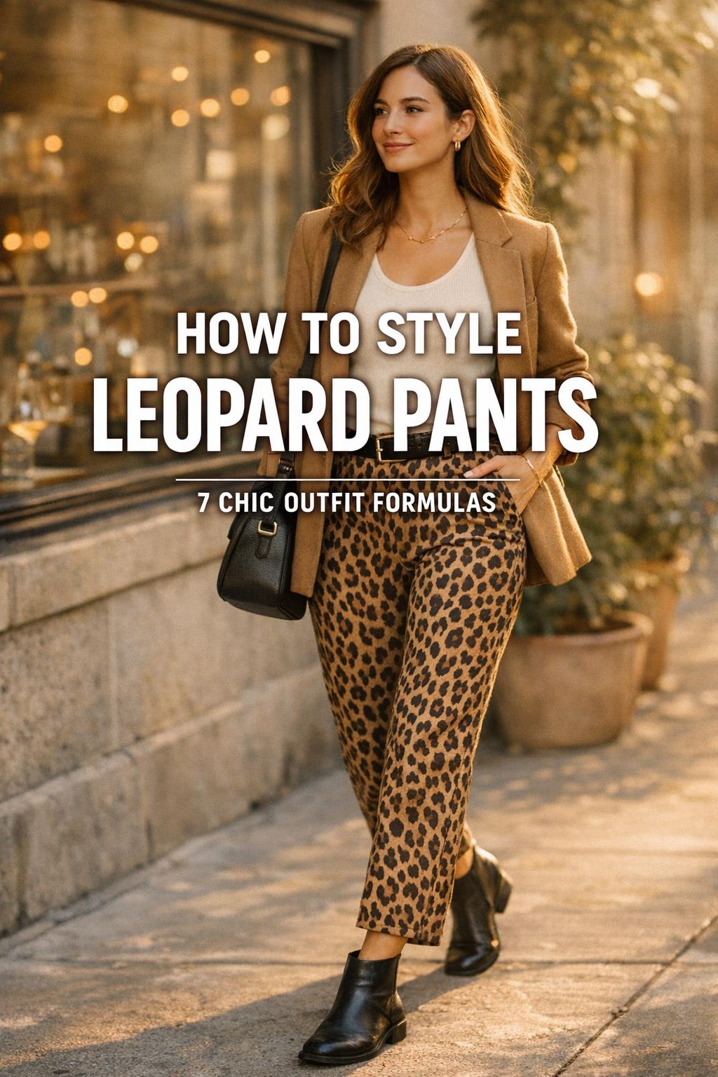 How to style leopard pants cover image of woman in leopard trousers and camel blazer walking past a sunlit cafe window