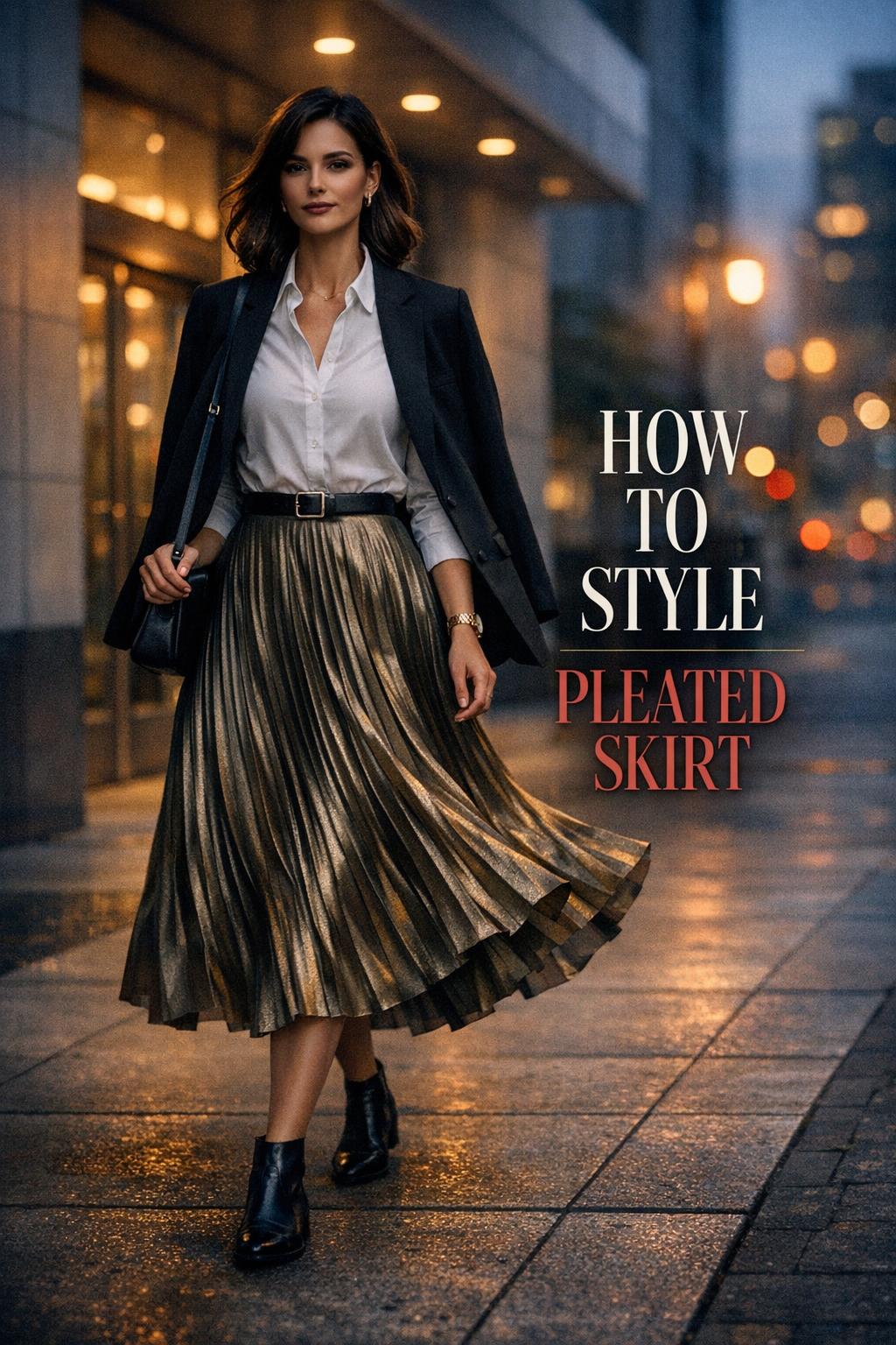 How to style pleated skirt: polished woman in blazer and swaying pleated midi skirt walking at dusk with city lights