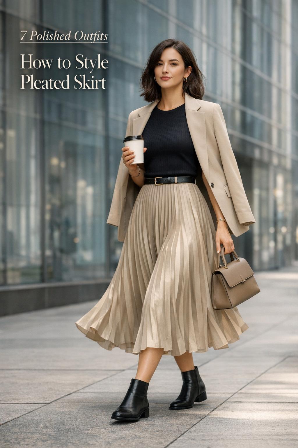 How to style pleated skirt with champagne midi pleats, black knit top, beige blazer, and coffee cup on a city sidewalk