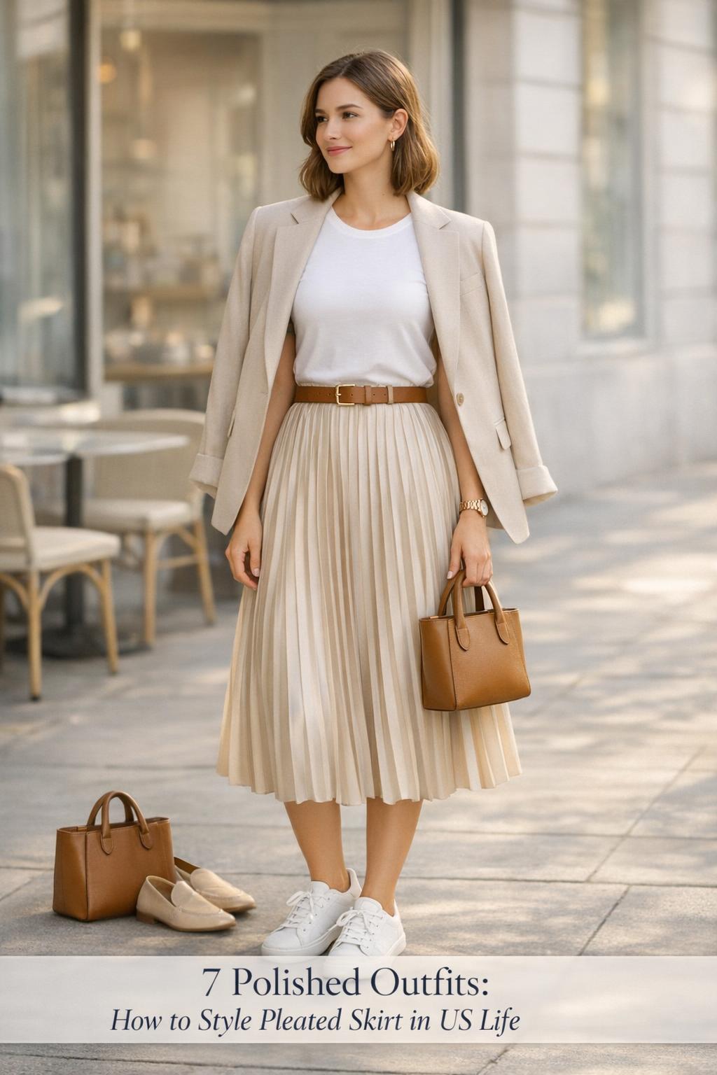 How to style pleated skirt: woman in beige pleated midi skirt, white tee, blazer and sneakers at a city sidewalk cafe