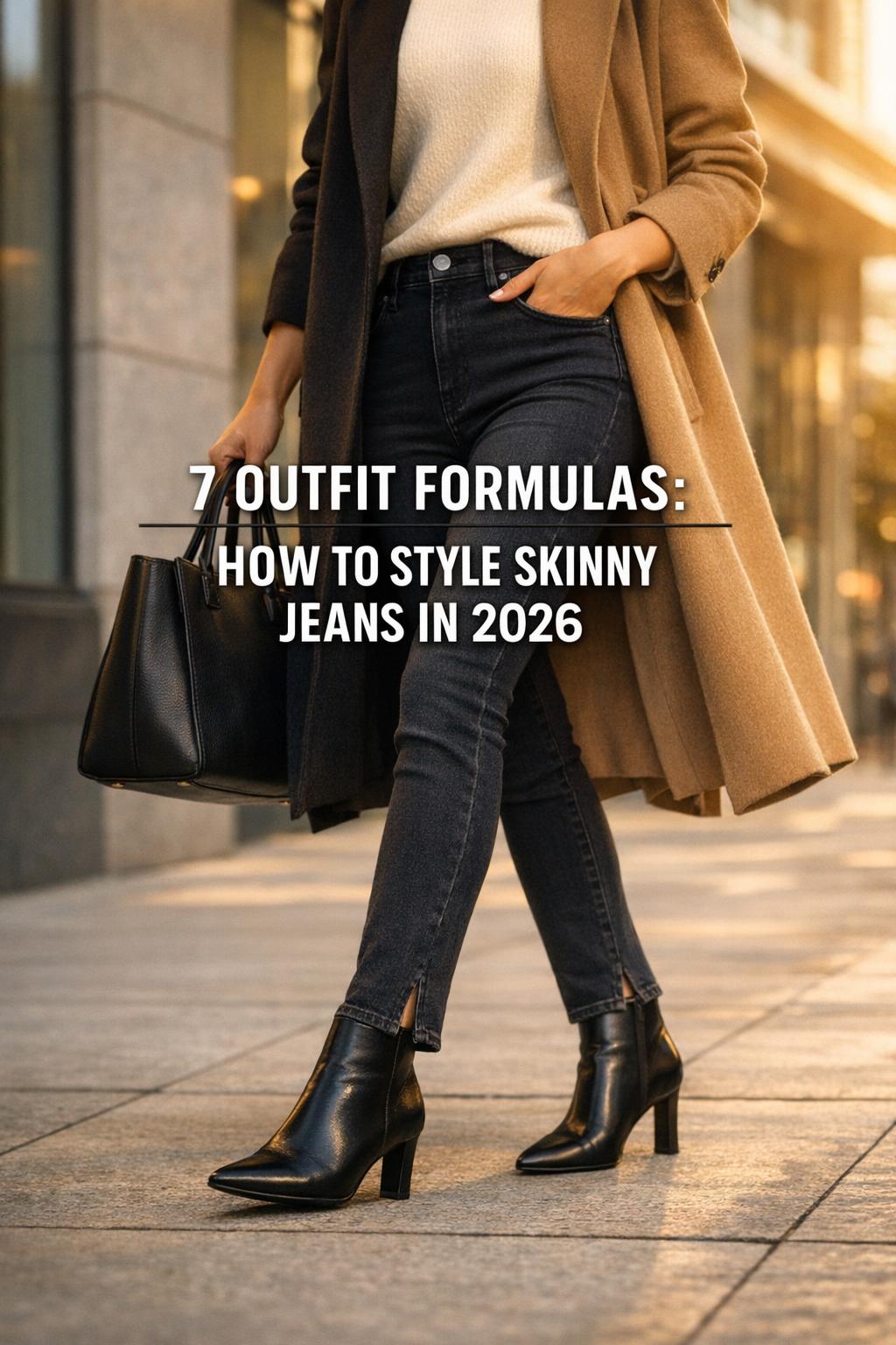 how to style skinnies jeans with black pointed-toe ankle boots and dark-wash skinny jeans on a modern city sidewalk