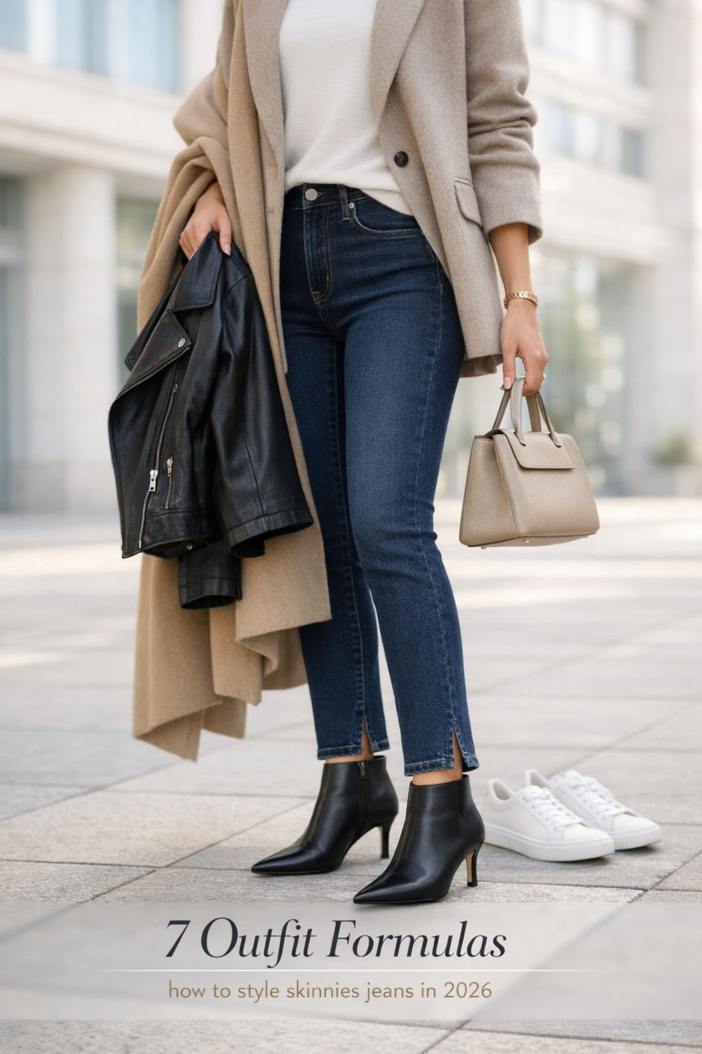 How to style skinnies jeans in 2026 with dark-wash skinnies, oatmeal blazer, and black pointed-toe ankle boots on a city sidewalk