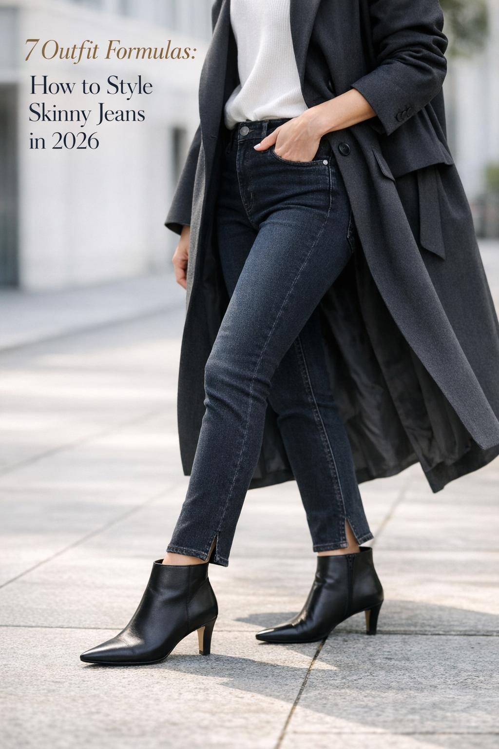 How to style skinnies jeans with dark-wash skinny denim, blazer, and pointed black ankle boots in a street-to-office look