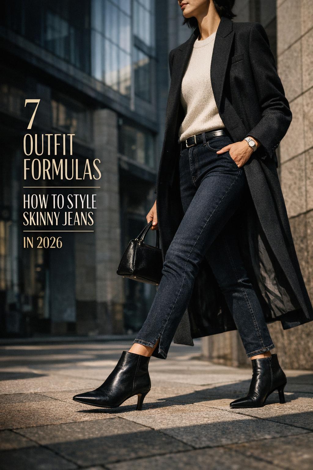 How to style skinnies jeans in 2026 with dark-wash skinny jeans, blazer, and pointed black ankle boots on a city street