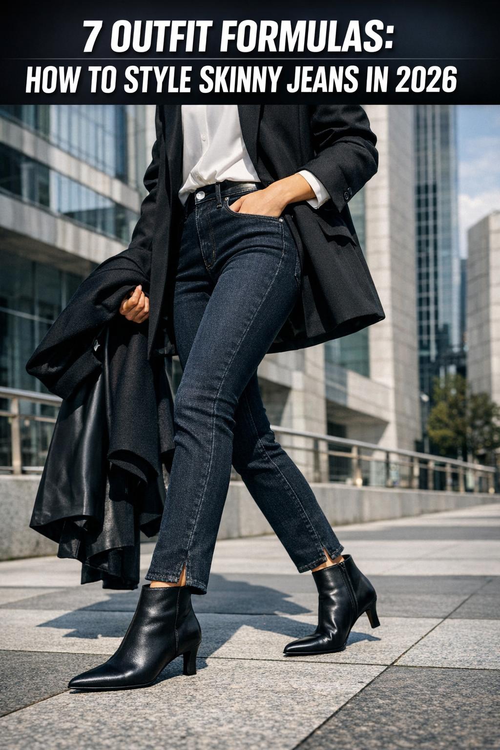 How to style skinnies jeans with a classic white shirt, ankle boots, and a leather jacket on a city street