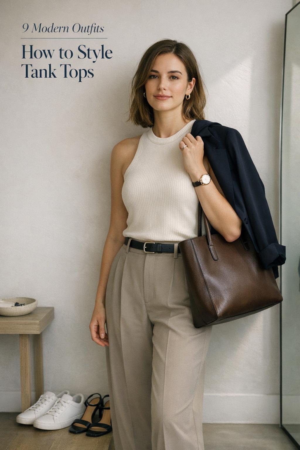 How to style tank tops: woman in neutral tank and wide-leg trousers with blazer, tote, and shoes in minimalist entryway
