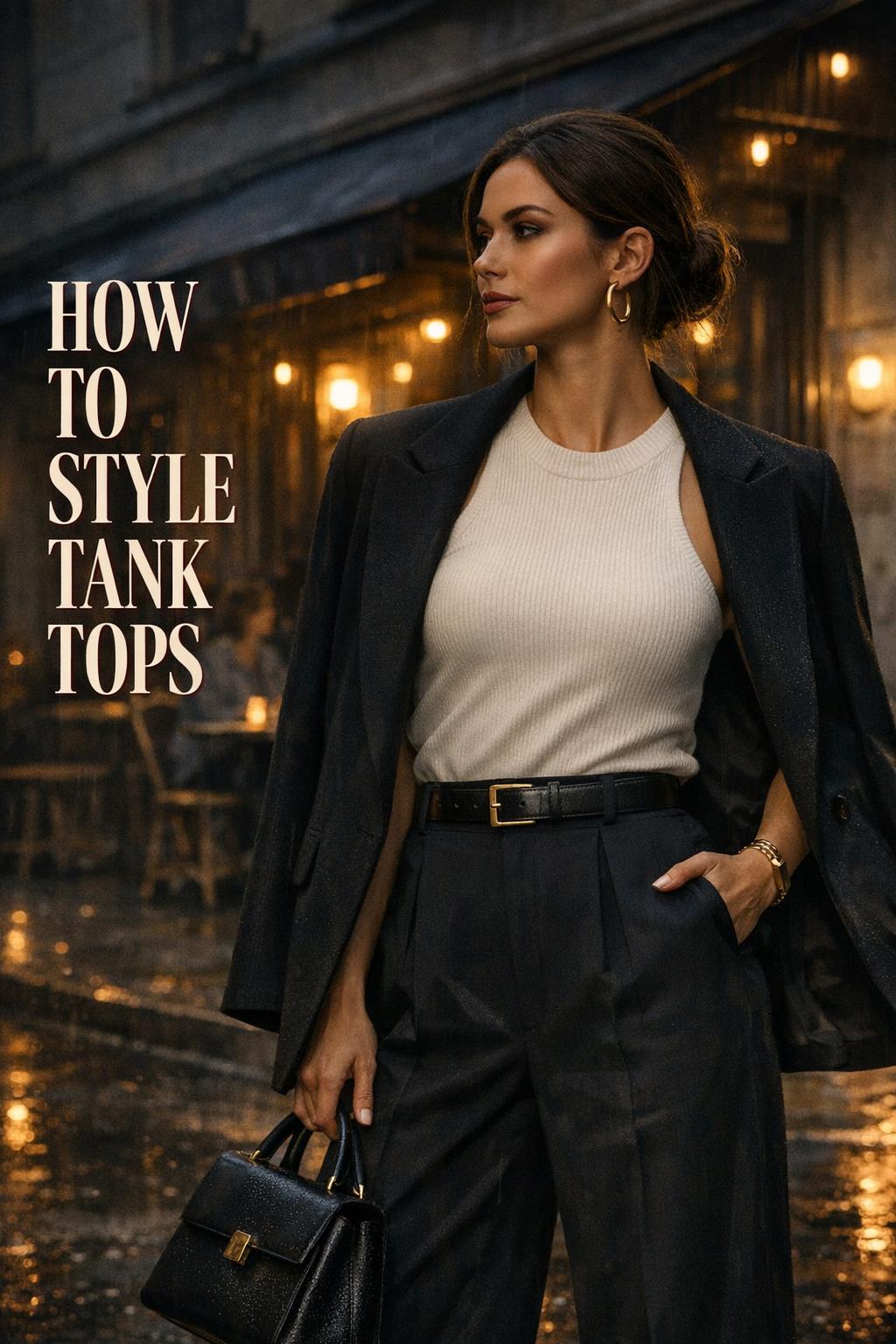 How to style tank tops with a ribbed high-neck tank, wide-leg trousers and blazer on a rainy city street at dusk