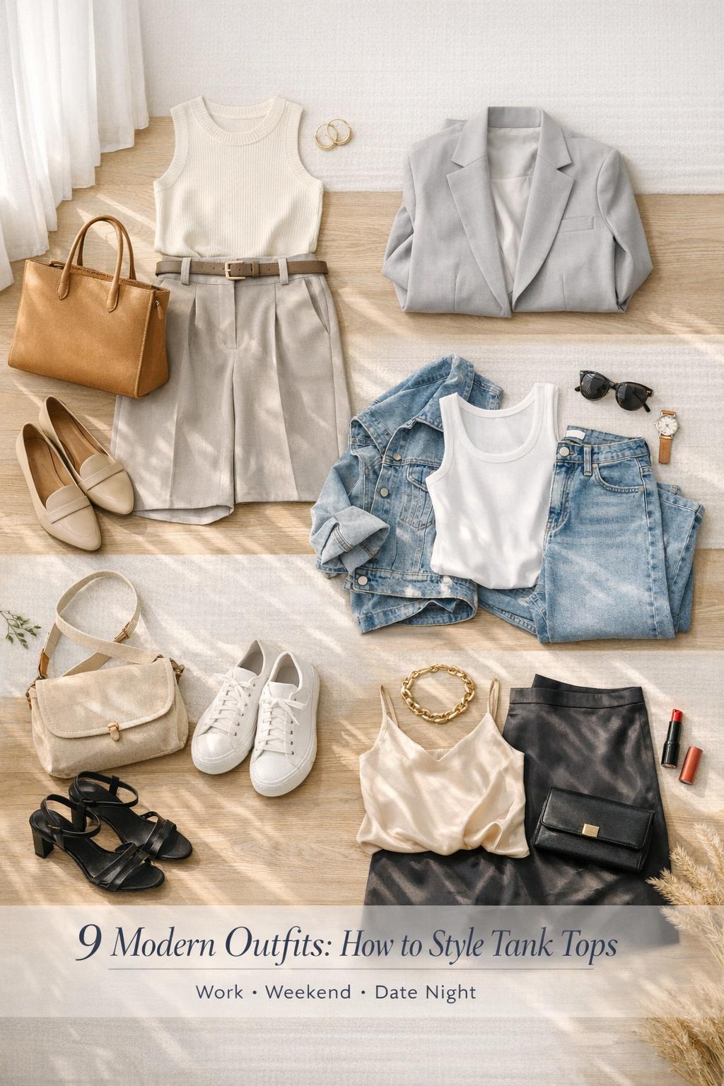 How to style tank tops flat lay with work, weekend, and date night outfits on a light oak table in soft morning light