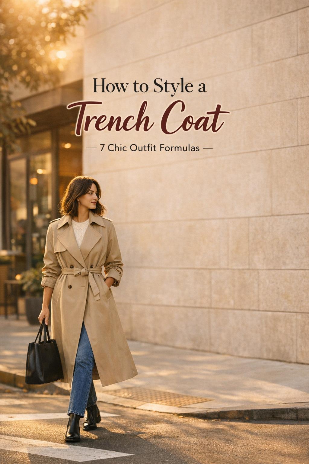 How to style trench coat: woman in beige belted trench with jeans and black tote walking past a minimalist cafe at golden hour