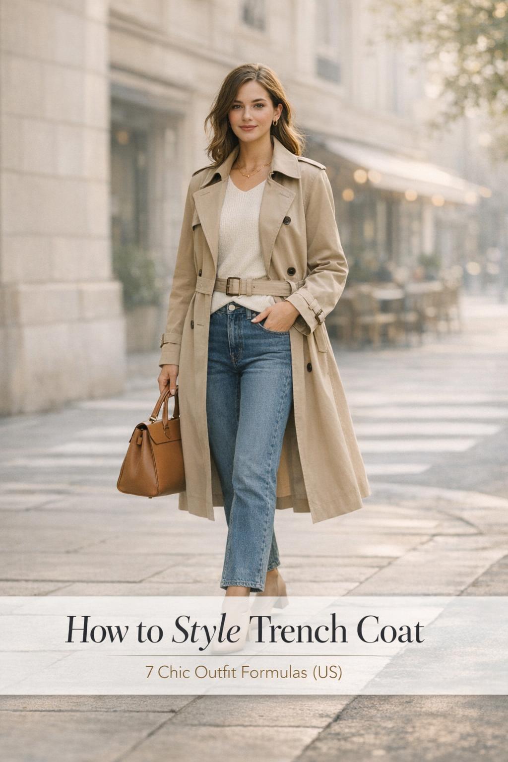 How to style trench coat: woman in beige belted trench with jeans and ivory sweater on a soft morning city sidewalk
