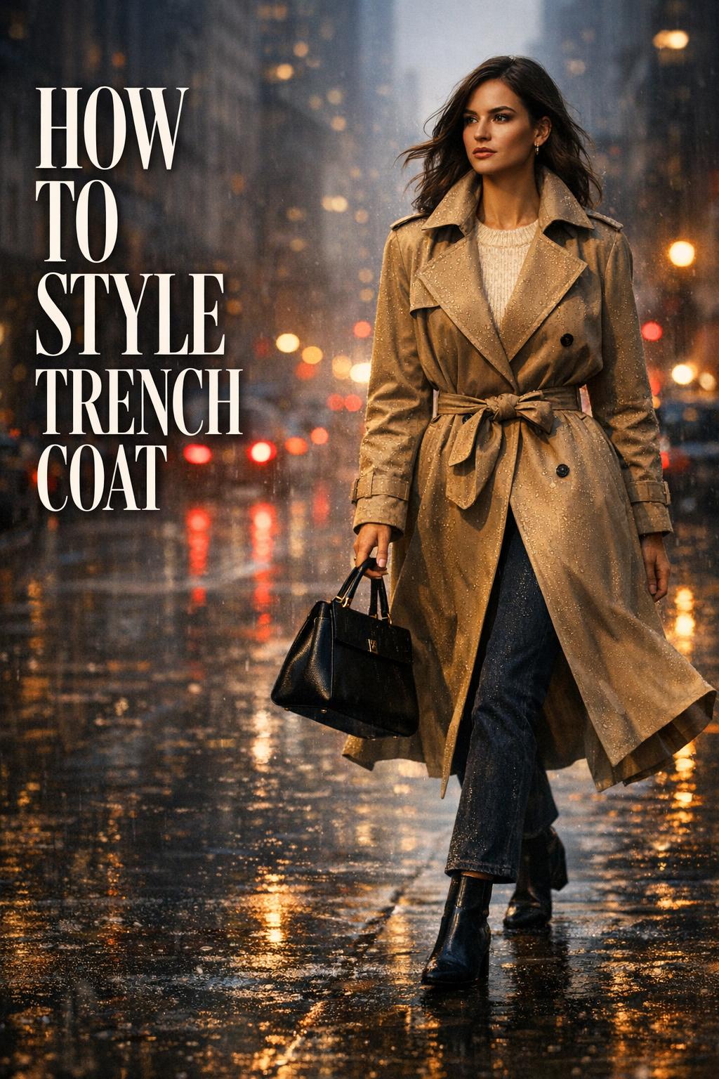 How to style trench coat look: modern woman in beige belted trench walking a rainy city street at dusk