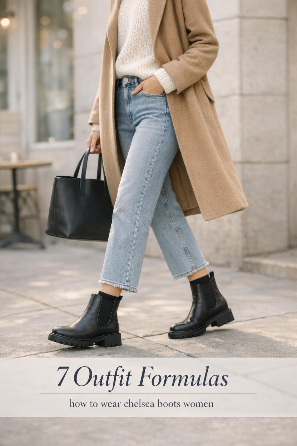 how to wear chelsea boots women outfit with black leather boots, cropped jeans, cream sweater and camel coat on city sidewalk