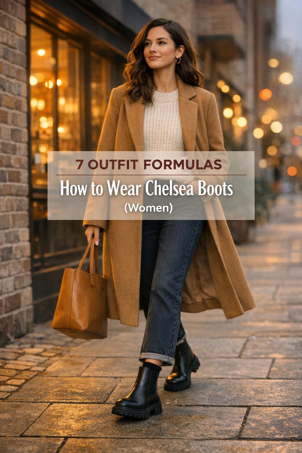 How to wear chelsea boots women in a golden-hour city outfit with black Chelsea boots, cropped jeans, and camel coat