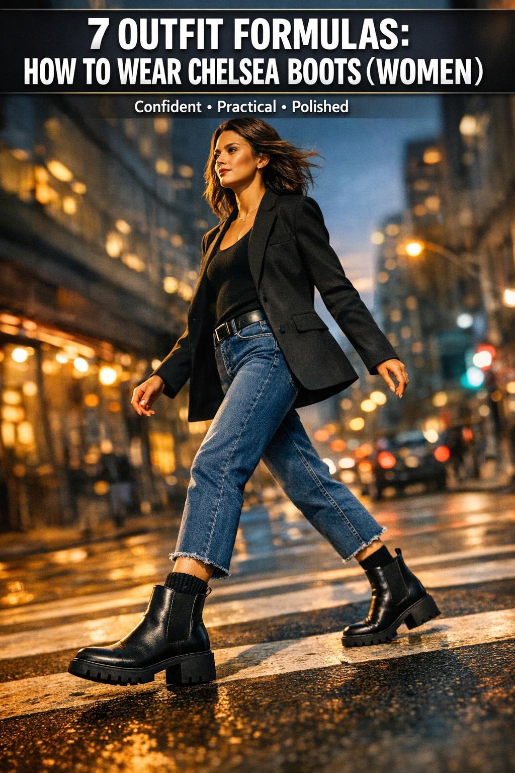 Woman wearing chelsea boots with jeans and a trench coat, showing how to wear chelsea boots women