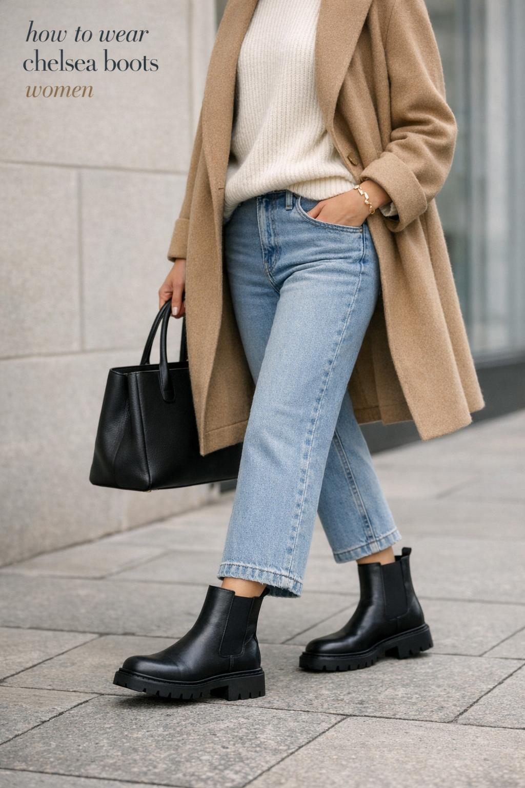 how to wear chelsea boots women outfit with black leather Chelsea boots, light-wash cropped jeans, camel coat, and tote