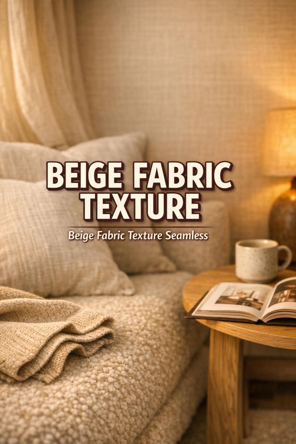Beige fabric texture on bouclé sofa with linen pillows, cotton throw, and warm golden-hour light in modern interior corner