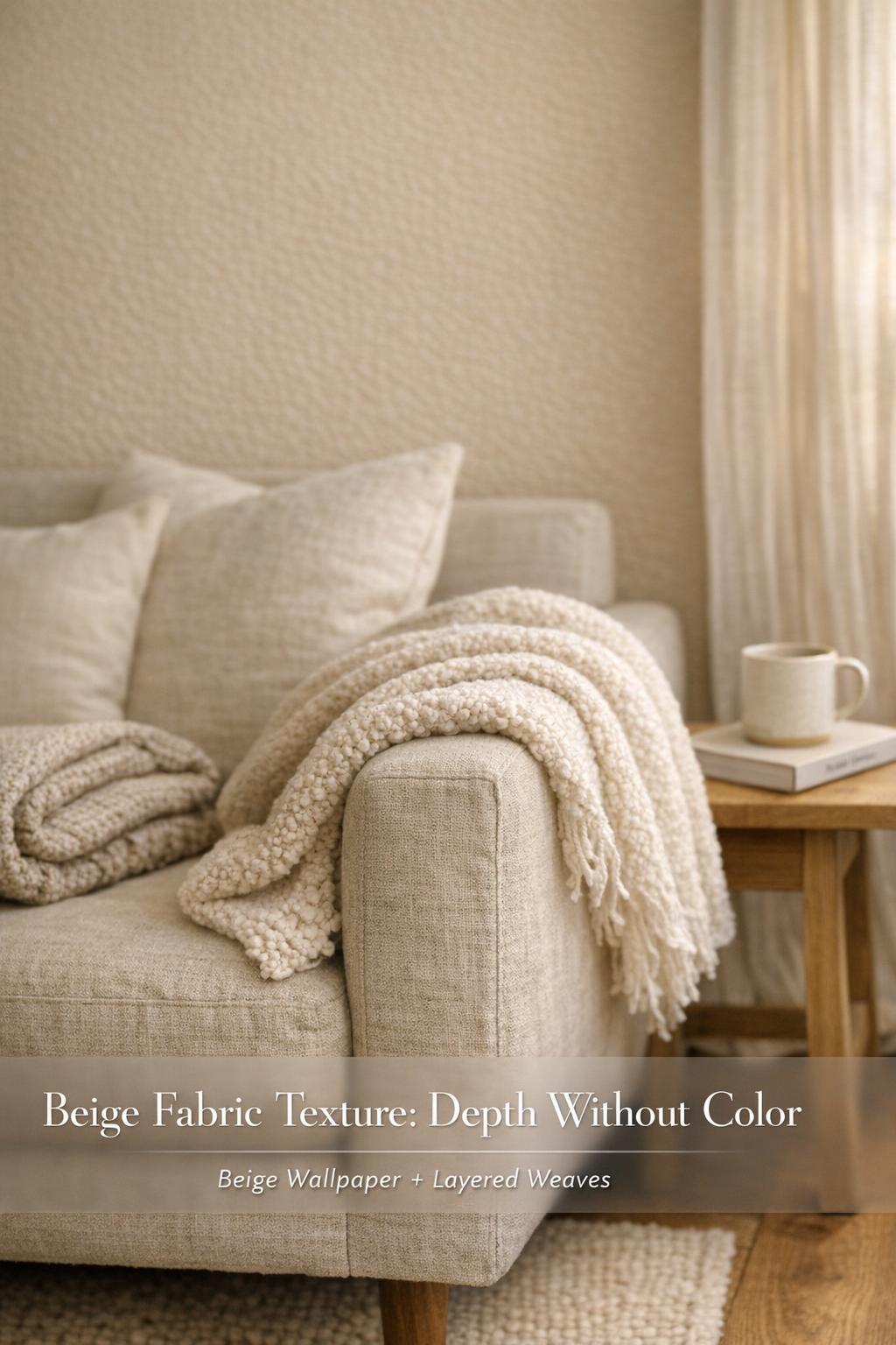 Beige fabric texture close-up on bouclé throw and linen sofa with textured beige wallpaper in soft daylight