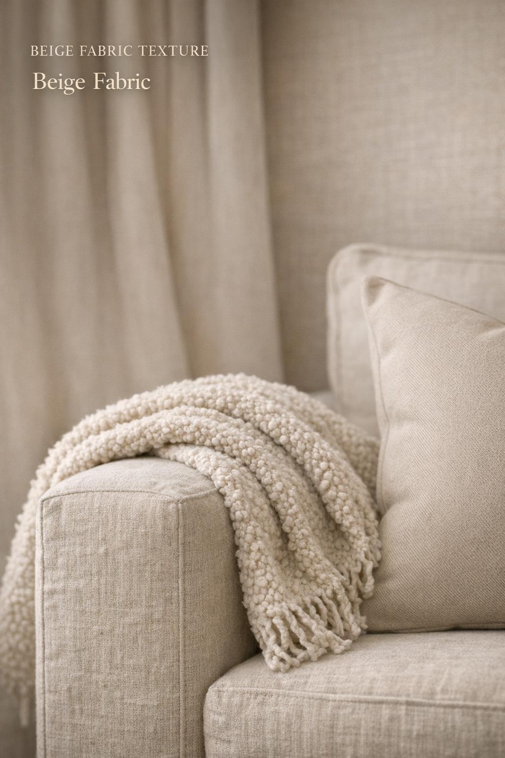 Beige fabric texture on linen sofa arm with boucle throw and twill cushion in warm minimalist interior light