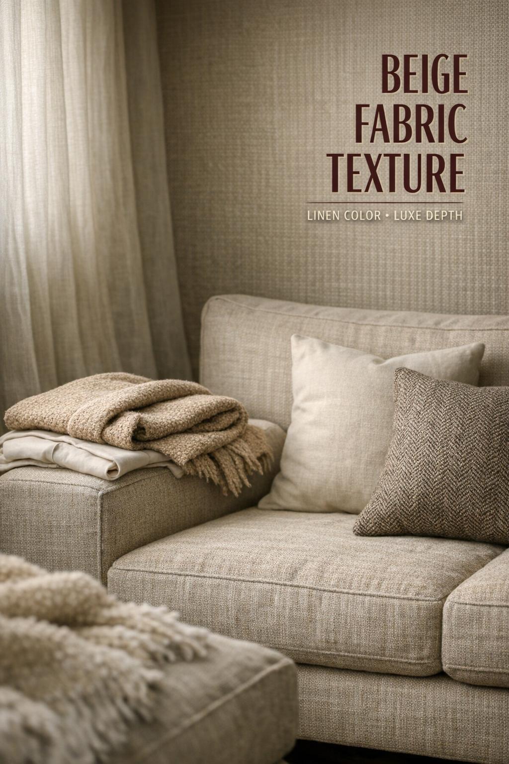 Beige fabric texture in a luxe apartment corner with linen sofa, bouclé throw, and warm greige wallpaper in daylight