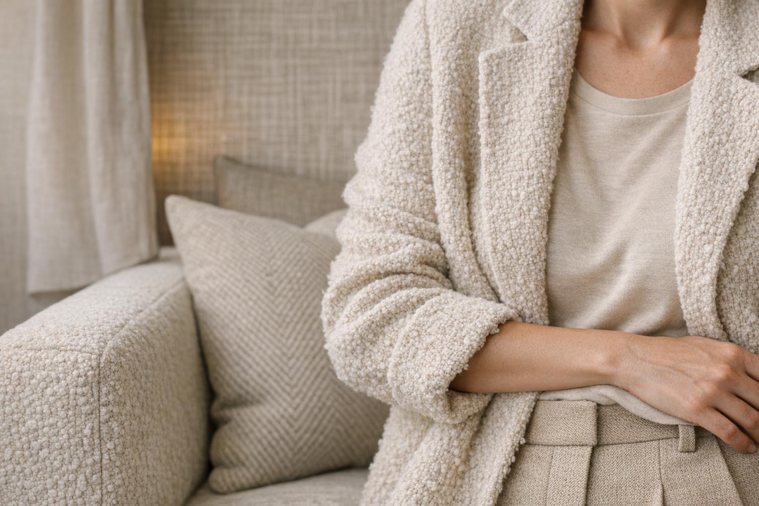 Close-up beige fabric texture with a natural woven linen-like weave and soft warm neutral tones.