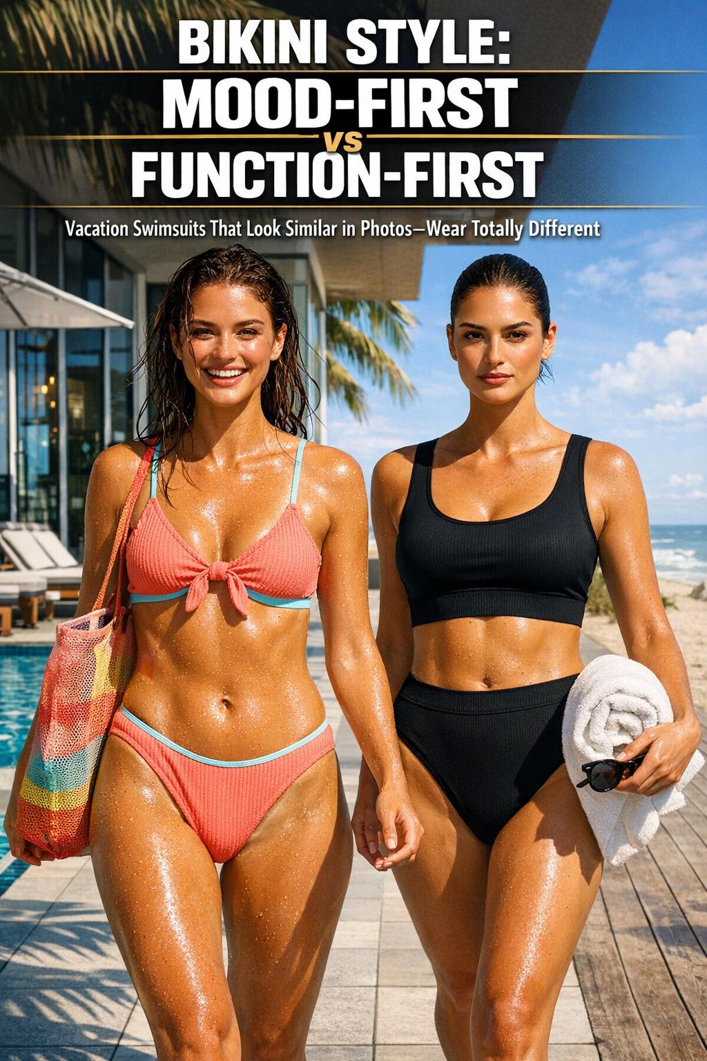 Woman in bikini style posing by a sunlit beach shoreline, summer swimwear fashion photo