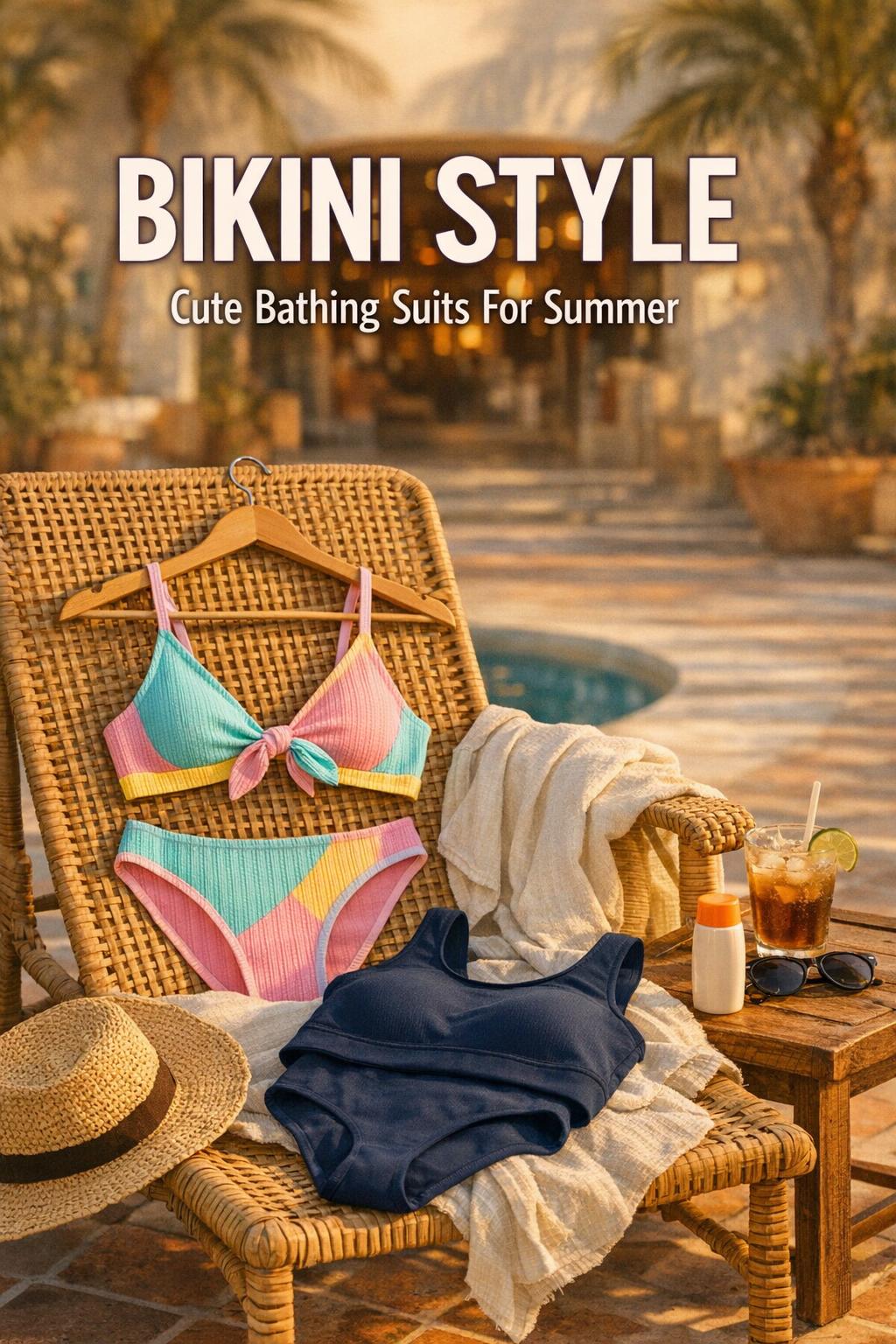 Bikini style resort pool deck photo with two summer suits, straw hat, sunscreen, and iced drink in golden-hour light.