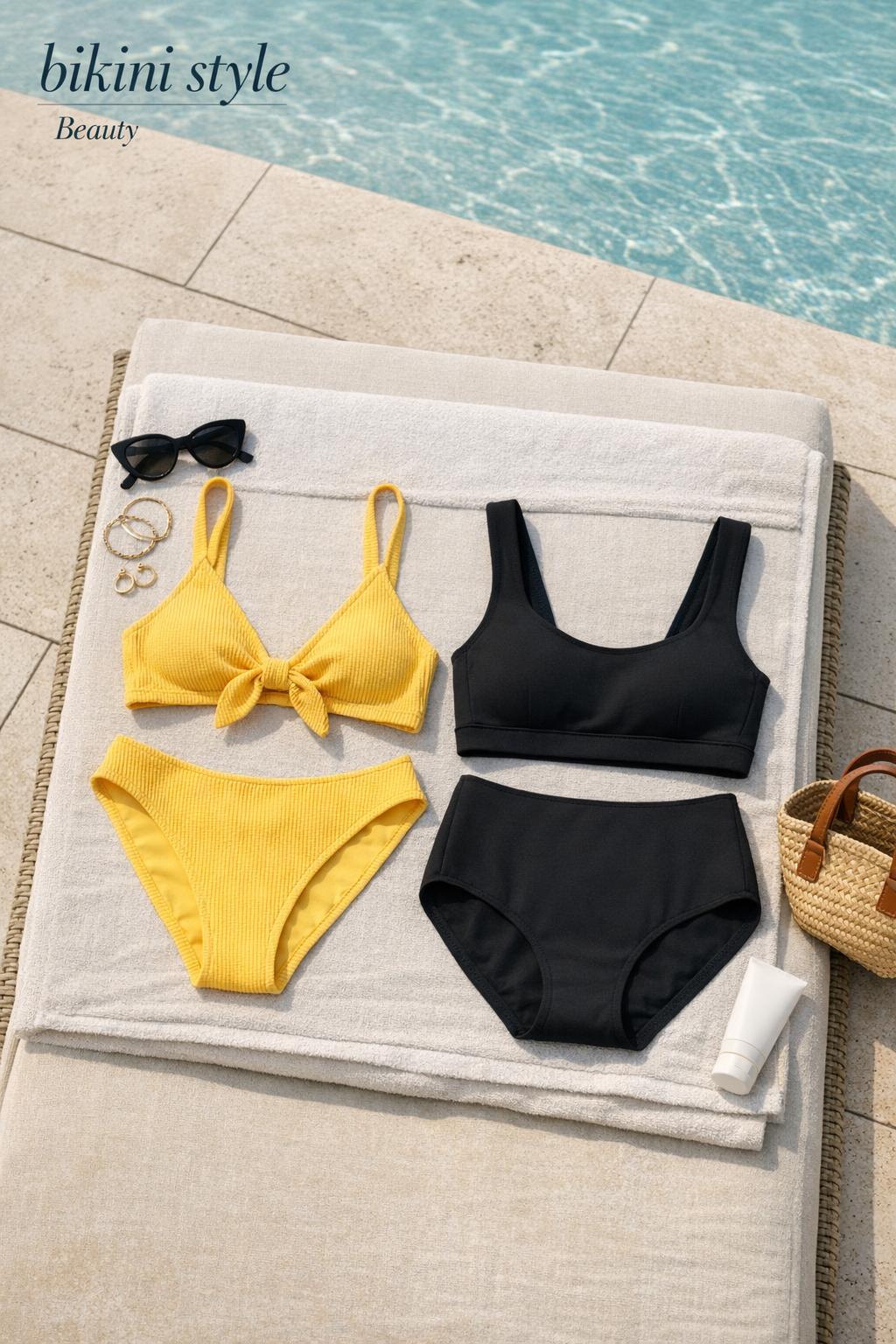 Bikini style flat lay by a luxury resort pool with playful ribbed color set and sleek neutral suit, sunglasses and SPF