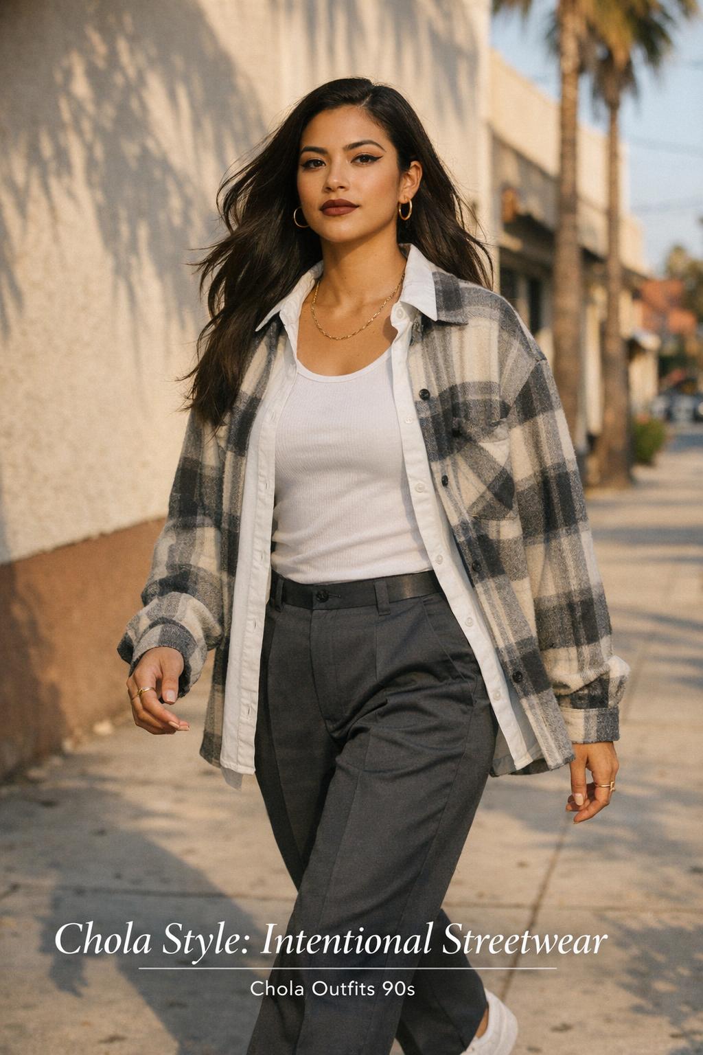 Chola style streetwear photo of a confident Latina woman walking at golden hour in Los Angeles wearing flannel and Dickies pants