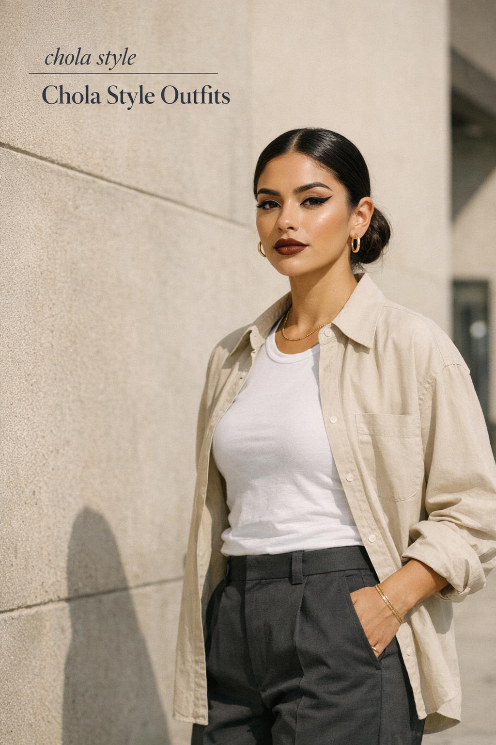 Latina woman in minimalist LA streetwear wearing chola style outfit with tailored work pants and flannel, editorial photo