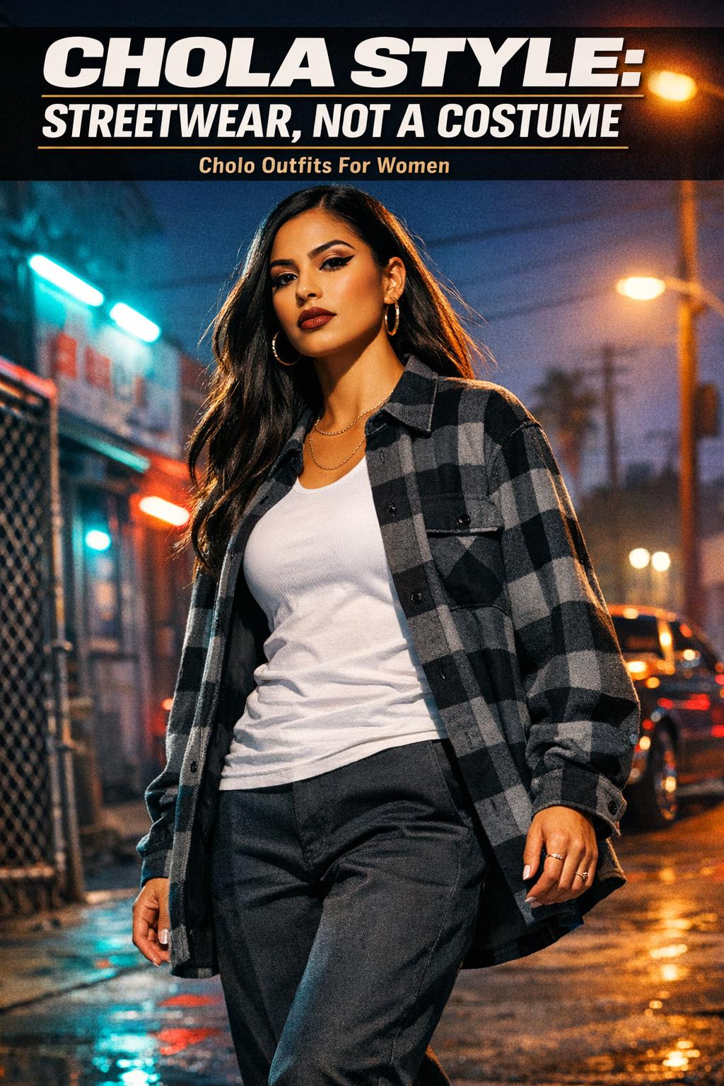 Chola style portrait of a woman with bold eyeliner, bandana, and hoop earrings in an urban street setting