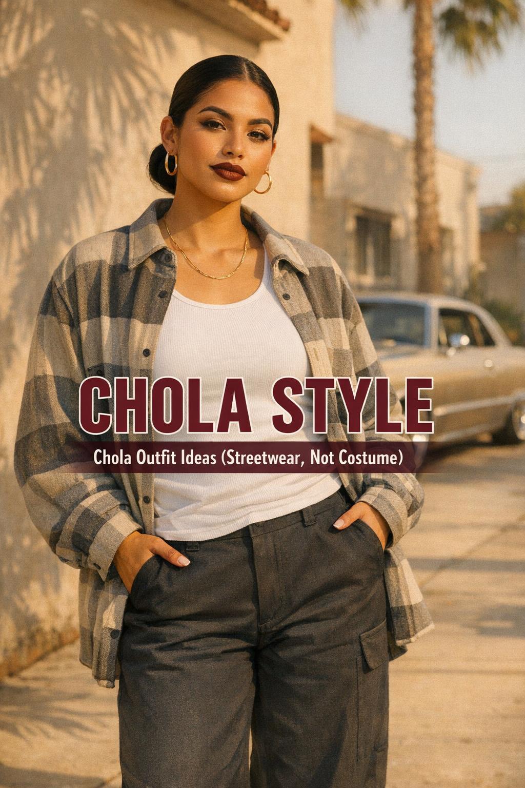 Chola style streetwear outfit on a Latina woman in golden-hour light outside a stucco building in Los Angeles