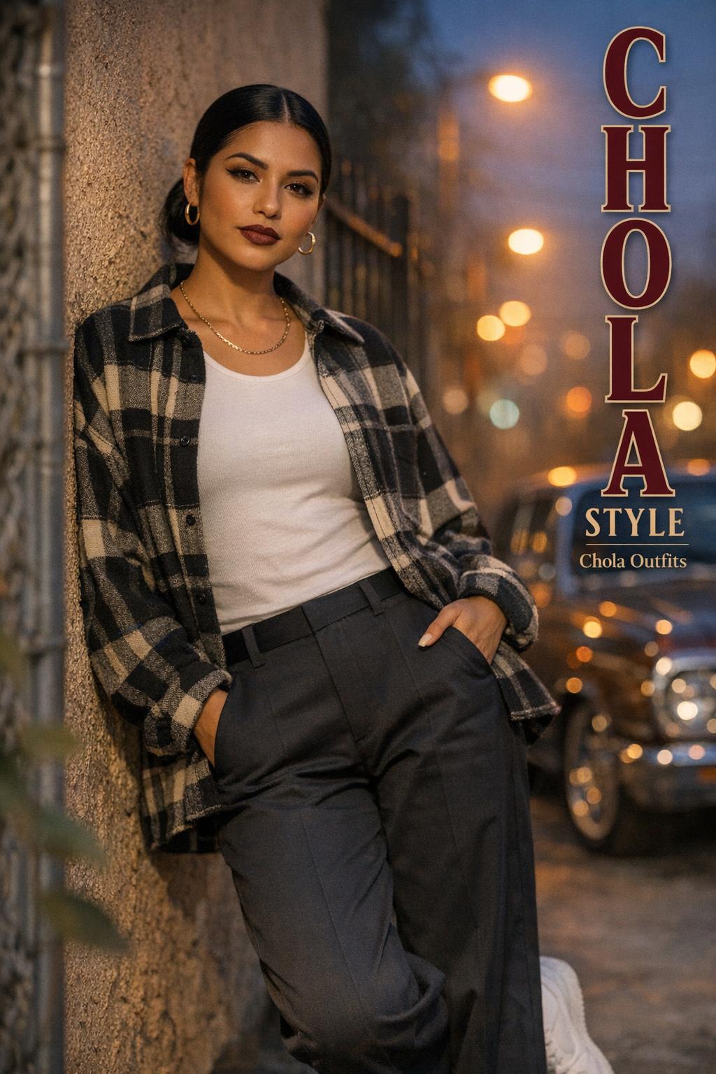 Chola style streetwear portrait of a confident Latina woman leaning on a stucco wall in East LA at blue hour