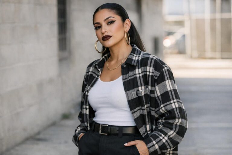Chola style outfit with Dickies work pants, oversized flannel, and sharp winged eyeliner on a city street
