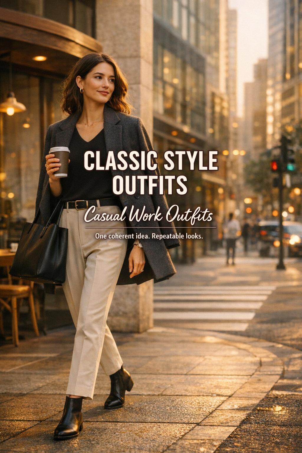 Classic style outfits: stylish woman in blazer walking downtown at golden hour with coffee, city architecture and text space