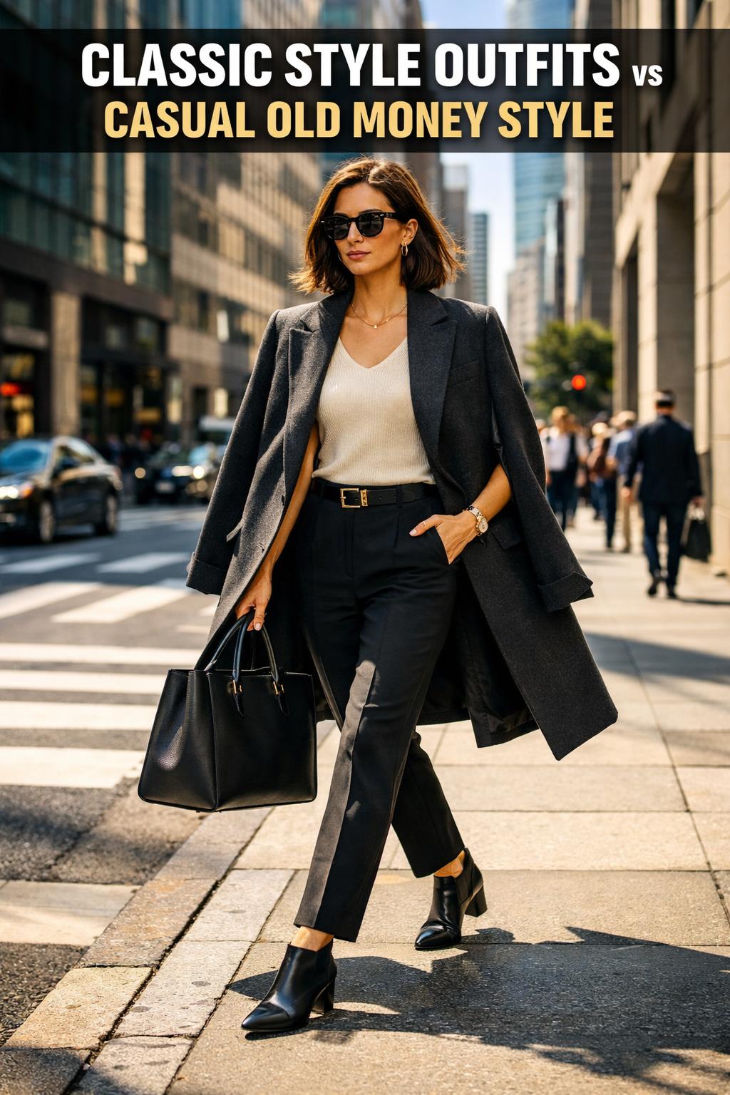 Classic style outfits displayed on a clothing rack in a bright boutique, featuring timeless blazers, trousers, and dresses