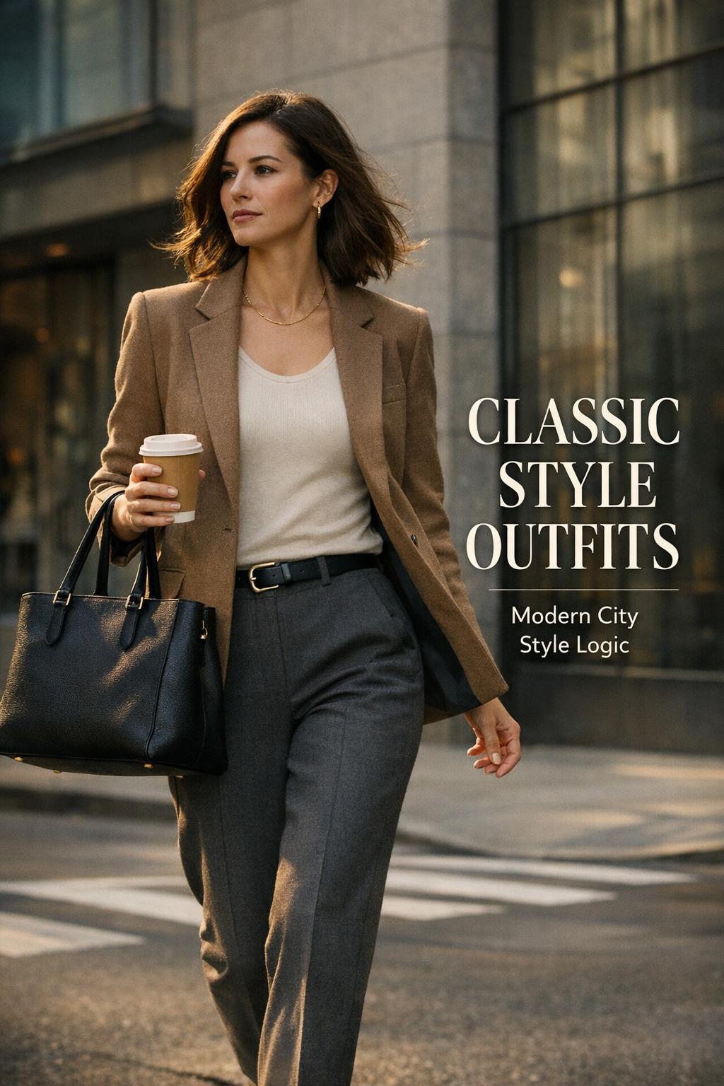 Classic style outfits in a modern city: woman commuting in neutral blazer and trousers with leather tote and coffee