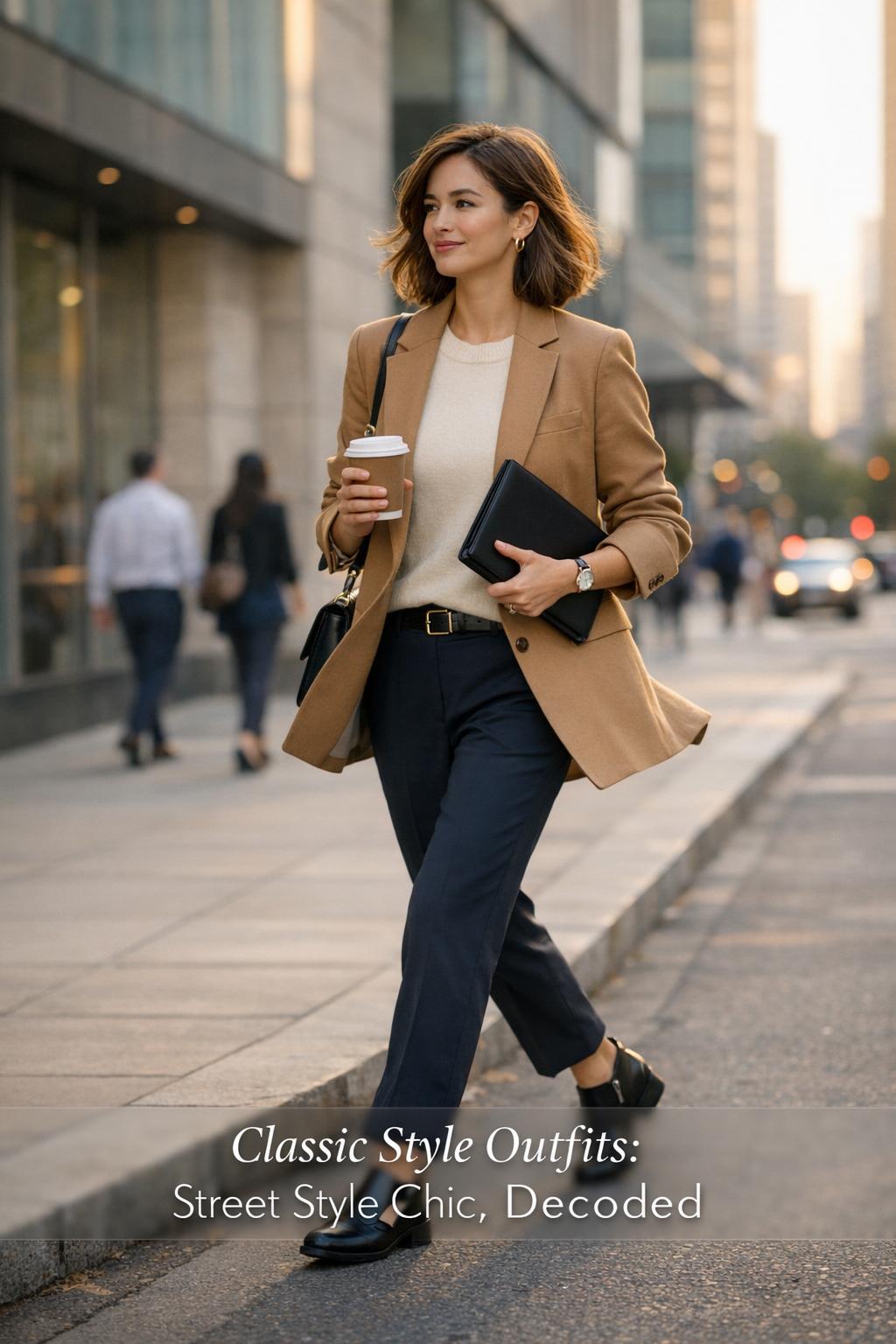 Classic style outfits street style chic woman crossing city street in camel blazer, cream knit, navy trousers, holding coffee and laptop